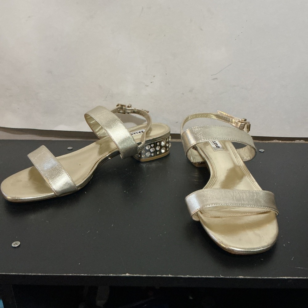 Dune London Gold Sandals With Rhinestone Bling Heels MISSING 3 Stones SCUFFED 39